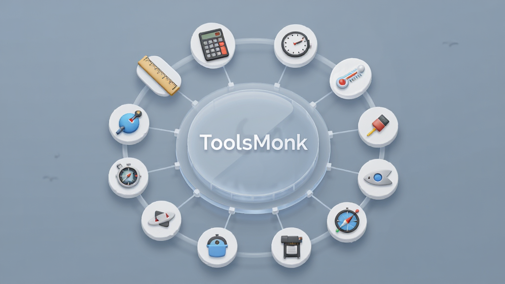 一张展示ToolsMonk多工具集成概念的场景图,画面中央是一个半透明的圆形枢纽,周围环绕着尺子、计算器、时钟、温度计、指南针等小型工具图标,以放射状排列,背景为柔和的蓝灰渐变,风格简洁现代,画质干净清晰,画面中带有