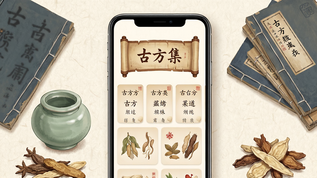 画面中央放置一部竖屏智能手机,手机屏幕内展示古方集应用首页界面,页面上方是古朴的中医卷轴风格标题栏,下方整齐排列古方分类卡片与药材插图;手机两侧环绕摆放几本线装中医古籍、一只青瓷药罐和几味干燥中药材;整体布局居中对称,背景为浅米色宣纸质感;风格为国风插画,色调温润素雅;细节上突出应用界面的清晰层级与药材纹理;画质清晰干净,无多余元素
