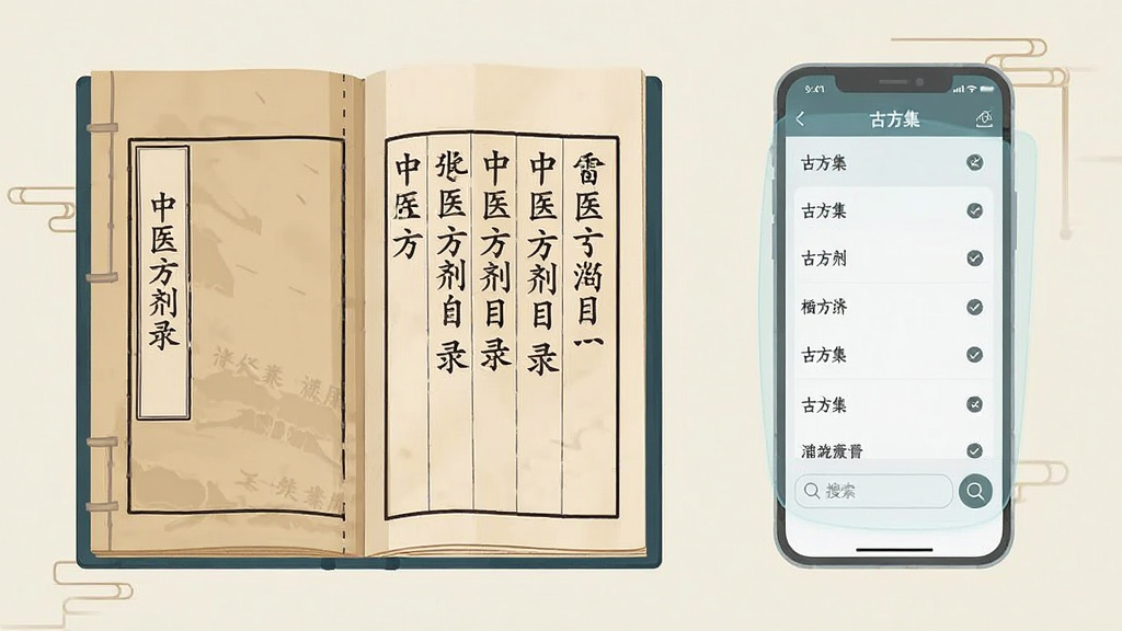 画面主体为一本摊开的仿古线装书册,书页上以竖排繁体字样印着中医方剂目录,旁边悬浮着半透明的手机界面,界面内显示古方集应用的分类检索列表与搜索框;布局为左侧书册、右侧手机,形成古今对照;风格为国风扁平插画;细节上突出目录条目与搜索图标的清晰度;画质干净清晰,无多余元素