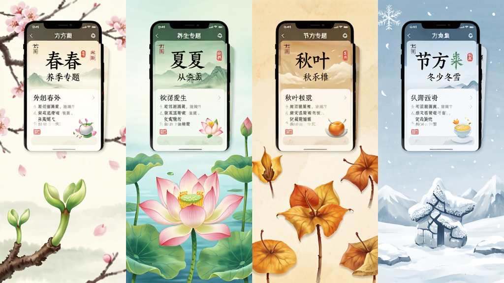 画面以四季轮转为构图线索,从左到右依次呈现春芽、夏荷、秋叶、冬雪四个场景区块,每个区块上方悬浮古方集应用界面中对应节气的养生专题卡片;布局为横向四段式排列;风格为清新国风插画;细节上突出节气文字与卡片内容层级;画质清晰干净,无多余元素