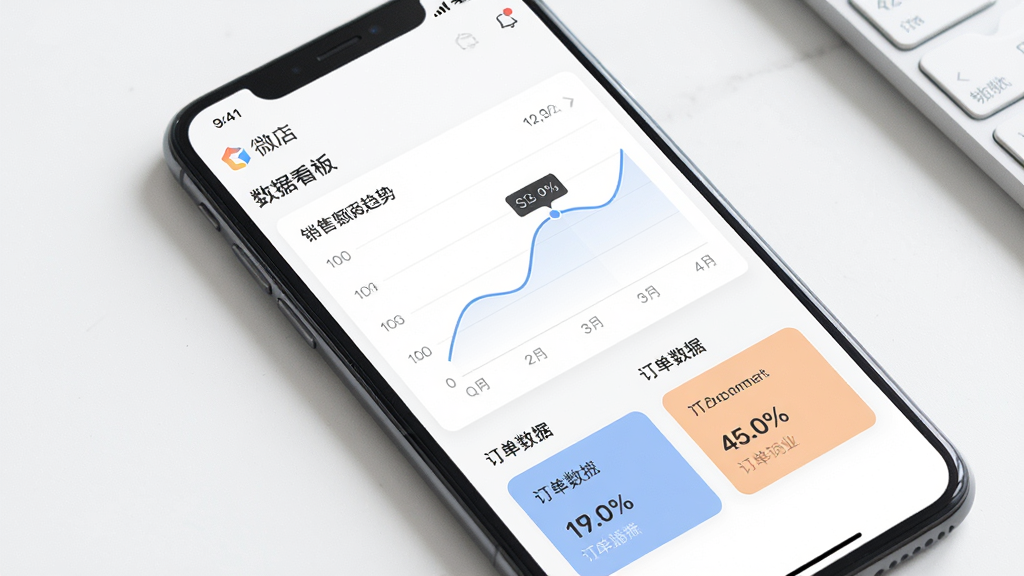 微店企业版数据看板界面,手机屏幕展示销售额趋势折线图与订单数据卡片,图表配色柔和,背景为白色,排版清晰,风格商务简洁,画面干净,高清画质