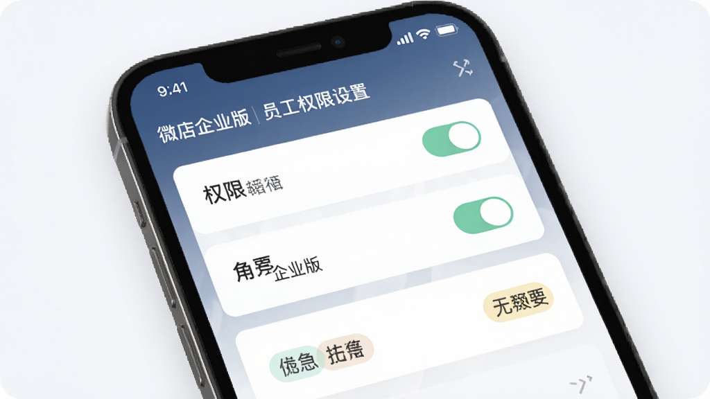 微店企业版员工权限设置界面,手机屏幕显示权限开关列表与角色标签,界面采用卡片式布局,配色淡雅,风格商务,画面干净,高清画质