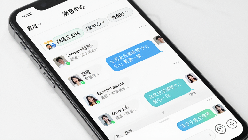 微店企业版消息中心界面,手机屏幕显示顾客对话列表与聊天窗口,聊天气泡清晰,顶部有店铺筛选标签,界面风格清爽,白色背景,画面干净,高清画质