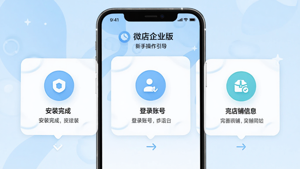 微店企业版新手操作引导界面,手机屏幕显示分步操作提示卡片,包含安装完成、登录账号、完善店铺信息三个步骤图标,界面风格清新,浅蓝色调,布局清晰,画面干净,高清画质