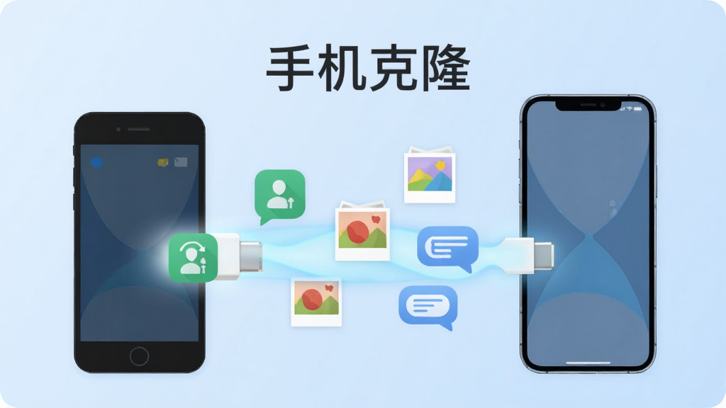 一部旧手机与一部新手机并排摆放,屏幕之间用一条发光的数据线形状光带相连,光带上漂浮着通讯录图标、照片缩略图、短信气泡等元素,背景为浅蓝色渐变,画面中央上方出现