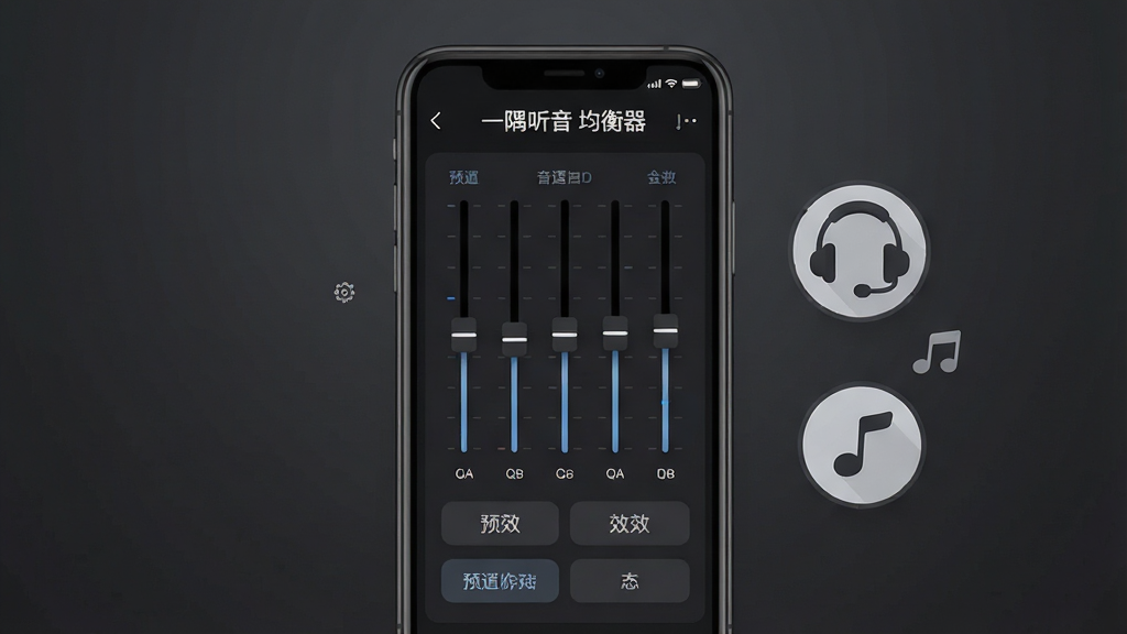 一隅听音均衡器调节界面示意图,画面主体为手机屏幕显示均衡器面板,包含多条频段滑块与预设音效按钮,手机右侧漂浮一个耳机图标和一个音符图标,背景为深灰色渐变,界面风格为深色模式扁平化设计,画面中文字为“一隅听音 均衡器”,布局手机居中,画质清晰干净,无多余元素