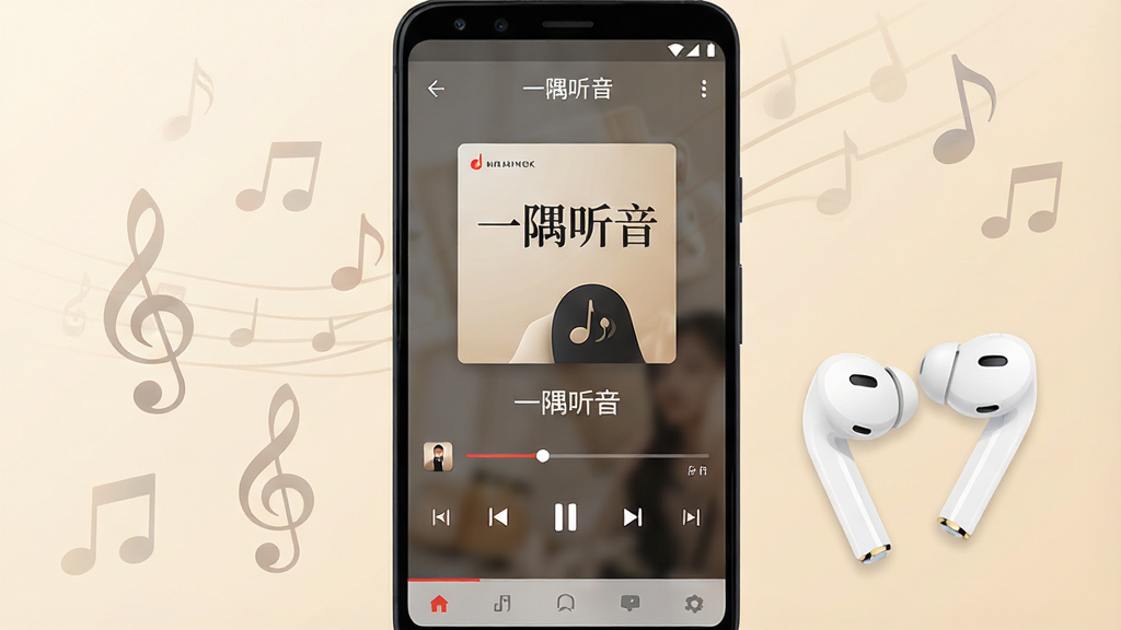 一张展示一隅听音手机播放界面的产品示意图,画面主体是一部竖屏安卓手机,屏幕中央显示一隅听音的播放页,包含专辑封面、歌曲名称、播放进度条与底部导航栏,手机左侧漂浮几个半透明的音乐符号与音符图标,右侧摆放一副白色无线耳机,背景为浅米色渐变,整体采用扁平化UI风格,细节干净,画质清晰,画面中文字为“一隅听音”,布局居中对称,无多余装饰元素