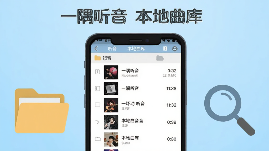 一隅听音本地曲库扫描功能示意图,画面主体是一部手机屏幕显示歌曲列表界面,列表按文件夹分组,左侧有专辑缩略图,右侧显示歌曲名与时长,手机旁边放着一个文件夹图标和放大镜图标,背景为浅蓝色渐变,扁平化设计风格,画面中文字为“一隅听音 本地曲库”,布局为手机居中、图标左右分布,画质干净清晰,无多余元素