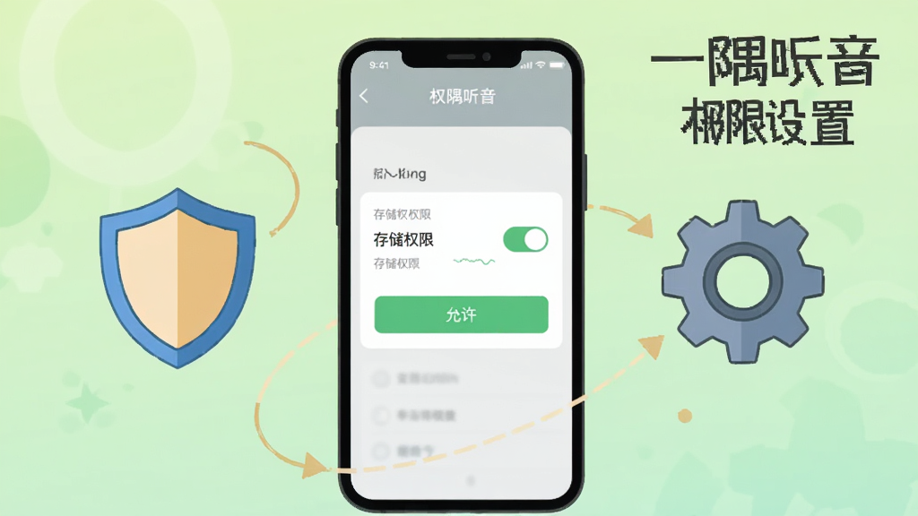 一隅听音新手安装设置示意图,画面主体为一部手机显示权限设置页面,页面上有存储权限开关与允许按钮,手机旁边放置一个盾牌图标和一个齿轮图标,背景为浅绿色渐变,扁平化插画风格,画面中文字为“一隅听音 权限设置”,布局手机居中、图标分列两侧,画质干净清晰,无多余元素