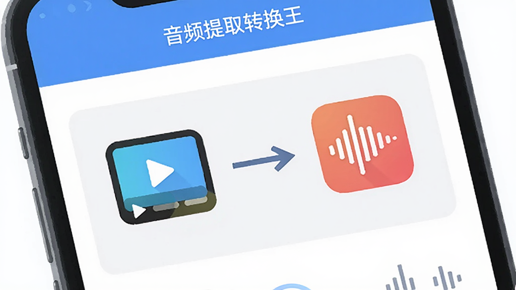 一部手机屏幕特写,画面中显示视频文件被拖入处理区域,视频图标与音频波形图标之间用箭头连接,表达视频转音频的分离过程,界面风格简洁明亮,带有音频提取转换王的标识文字,扁平化插画风格,细节清晰,画质干净