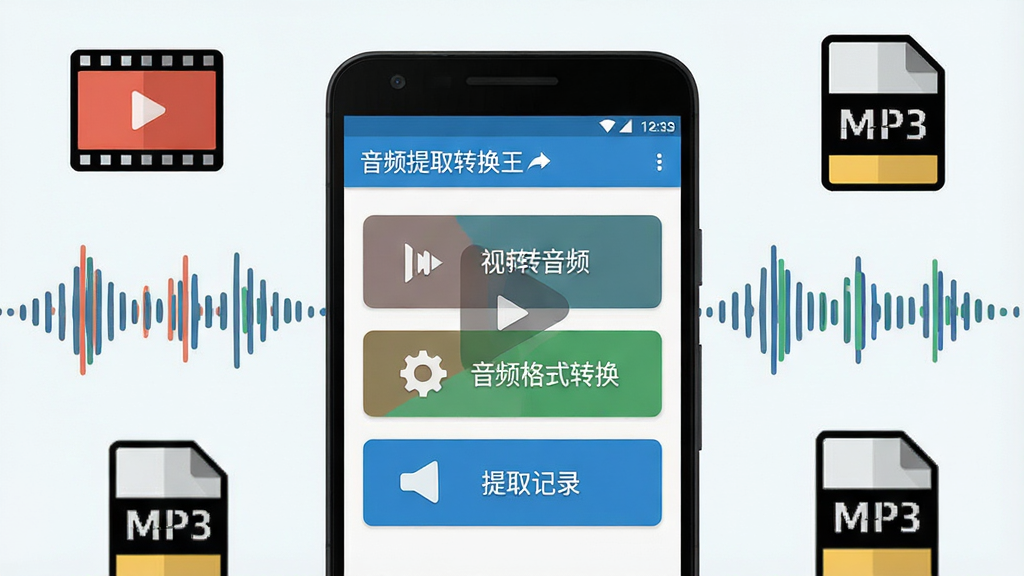 一张展示安卓手机界面的产品全貌图,画面中央是一部竖屏手机,屏幕上显示音频提取转换王应用的主界面,包含视频转音频、音频格式转换、提取记录等清晰的功能入口按钮,手机周围环绕着视频文件图标、声波波形图案和MP3格式标识,整体采用干净的浅色背景,扁平化设计风格,细节丰富,画质清晰,无多余元素
