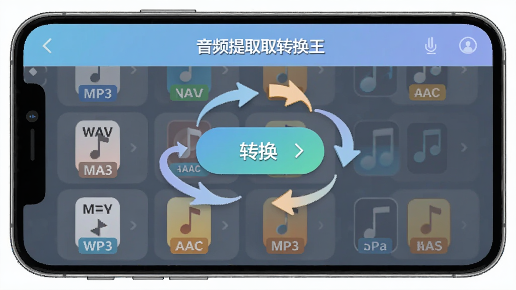 手机界面展示多个音频文件图标排列成队列,每个图标旁标注着MP3、WAV、AAC等不同格式标签,中央有一个转换按钮,周围环绕着格式转换的箭头符号,画面中出现音频提取转换王的软件名称,风格清爽简洁,色彩柔和,画质清晰