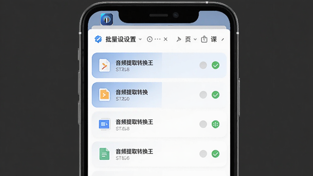 手机界面呈现任务列表页面,多个文件条目排列整齐,每条右侧有状态标识,顶部显示批量设置选项,画面中出现音频提取转换王的软件名称,扁平化UI风格,布局清晰,细节丰富,画质干净无杂乱元素