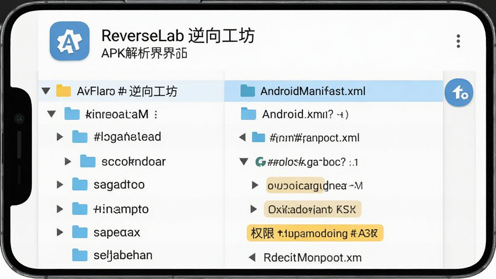 ReverseLab 逆向工坊APK解析界面展示,主体为手机屏幕显示文件目录树状结构,布局上方为应用图标与包名信息下方为文件夹列表,排版左侧为目录层级右侧为文件详情,风格为扁平化卡片式设计,细节包含AndroidManifest.xml高亮、资源文件夹展开状态、权限标签展示,画质清晰干净无多余元素