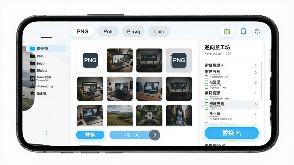 ReverseLab 逆向工坊资源提取功能展示,主体为手机屏幕显示资源文件列表与预览缩略图,布局上方为分类标签中央为图片网格下方为操作按钮,排版左侧为文件夹导航右侧为文件详情,风格为清新浅色卡片布局,细节包含PNG图标预览、字符串资源列表、替换按钮高亮,画质清晰干净无多余元素