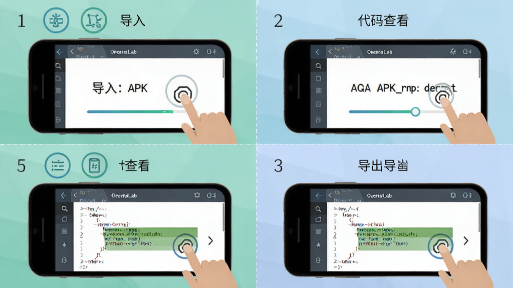 ReverseLab 逆向工坊移动端操作流程示意图,主体为手机屏幕展示从导入APK到代码查看的分步操作界面,布局为四格分镜展示导入、解析、查看、导出四个步骤,排版每格上方为步骤编号下方为界面截图,风格为扁平化教程插图,细节包含手指点击图标、进度条动画、代码高亮区域,画质清晰干净无多余元素