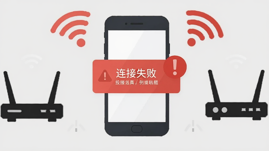 一部手机屏幕显示投屏失败提示弹窗旁边有一个红色感叹号图标,手机周围环绕WiFi信号中断符号和路由器图标,背景为浅灰色,布局居中突出手机,风格简洁警示风扁平插画,细节包含手机屏幕文字
