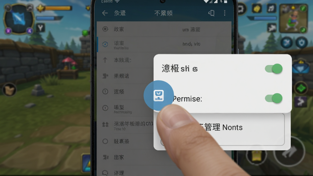 一部安卓手机屏幕特写,画面显示游戏设置与权限管理界面,一个半透明的悬浮菜单按钮正被手指点击开启,背景是模糊的游戏主界面,布局为操作演示图,风格为手机系统设置截图风格,细节包括权限开关高亮、悬浮按钮图标、提示文字框,画质清晰干净,无多余元素