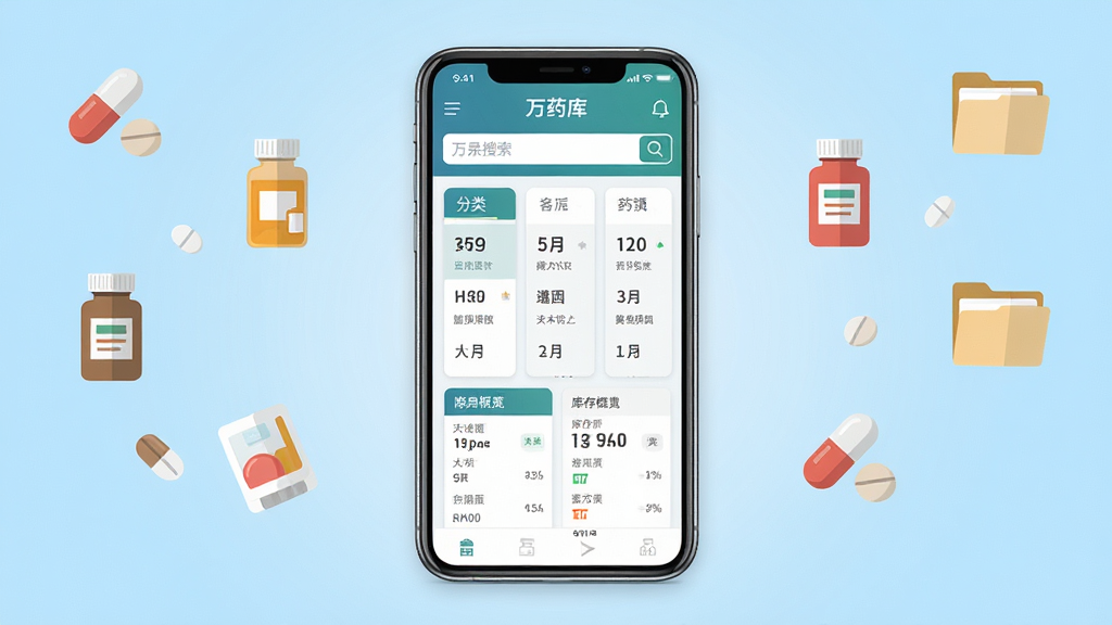 万药库软件主界面展示,画面中央是一部智能手机,屏幕上显示万药库应用首页,包含药品搜索框、分类导航和库存概览卡片,背景为干净的浅蓝色渐变,周围点缀药丸、药瓶、文件夹等扁平化图标,整体风格清爽简洁,排版居中对称,细节清晰,画质高清,画面干净无多余元素