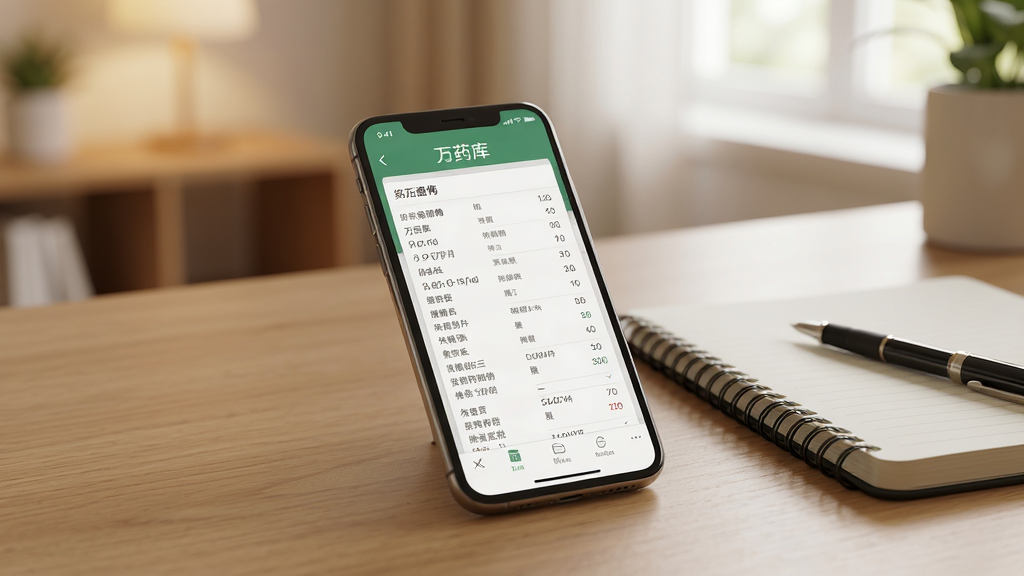 万药库离线查阅场景展示,画面为一部手机放置在桌面,屏幕显示已缓存的药品详情页,旁边有笔记本和笔,背景为室内柔和光线,风格生活化写实,构图自然,细节清晰,画质高清,画面干净无杂乱物品