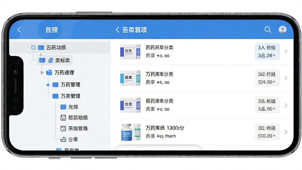 万药库分类标签功能展示,画面为手机屏幕显示分类管理页面,左侧为分类目录树,右侧为对应药品条目列表,界面配色以蓝白为主,布局清晰,图标简约,风格商务实用,细节清楚,画质高清,画面干净无冗余元素