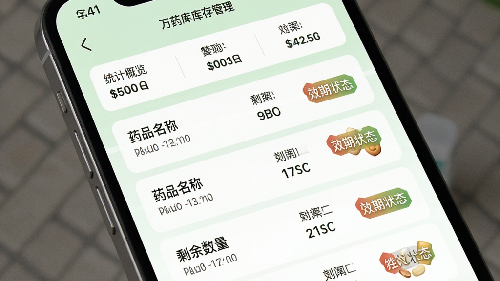 万药库库存管理界面展示,画面为手机屏幕中库存列表页面,列表项显示药品名称、剩余数量与效期状态标签,顶部有统计概览条,背景为白色与浅绿色搭配,风格清新整洁,排版清晰有序,细节丰富,画质高清,画面干净无多余装饰
