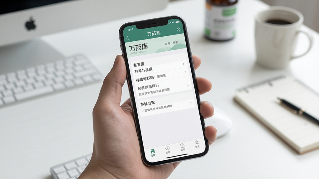 万药库移动端操作指引场景,画面为一只手握住手机,屏幕显示万药库设置页面中的存储与权限选项,背景为简洁的桌面环境,风格写实清晰,构图自然,细节丰富,画质高清,画面干净无多余物品