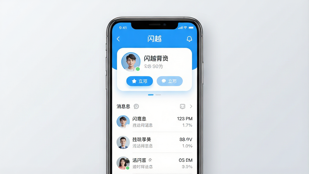 一张展示社交应用界面的手机屏幕效果图,画面中央是一部竖屏智能手机,屏幕上显示“闪越”应用的主界面,包含用户头像卡片、互动按钮和消息列表,布局清晰,采用明亮清新的蓝白配色,风格现代简约,细节上突出圆角图标与柔和阴影,背景为浅灰色渐变,画质高清,画面干净,无多余元素