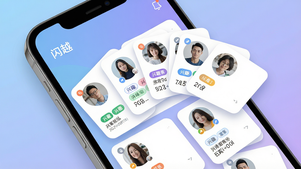 一幅AI生图,画面主体为“闪越”应用中的智能匹配推荐界面,布局为手机屏幕特写,屏幕中央展示多张用户卡片呈扇形排列,每张卡片带有兴趣标签和距离信息,排版采用网格与卡片结合的方式,风格清爽现代,细节包括柔和的蓝紫渐变背景、卡片圆角与轻微投影,画质高清,画面干净,无多余元素