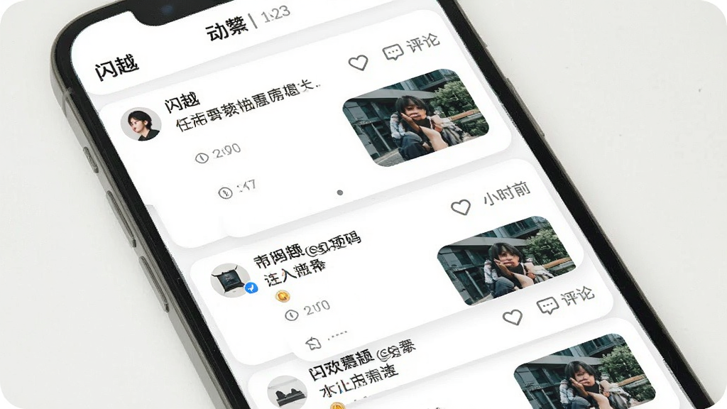 一张“闪越”动态广场页面的手机界面效果图,画面为竖屏手机展示信息流列表,每条动态包含用户头像、文字内容与配图缩略图,布局采用纵向滚动卡片式排版,风格清新浅色,细节上突出点赞与评论图标、时间戳与圆角图片,背景为纯白,画质清晰,画面干净,无多余元素