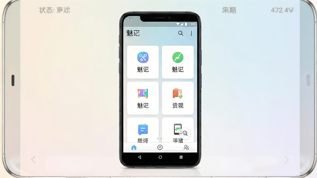 一张展示魅忑软件主界面的手机截图风格图片,画面中央是一部竖屏安卓手机,屏幕内显示魅忑应用首页,顶部有软件名称“魅忑”字样,界面为简洁的卡片式布局,包含功能入口图标与状态栏信息,背景为浅色渐变,整体风格干净清爽,排版居中对称,细节清晰,画质高清,无多余元素