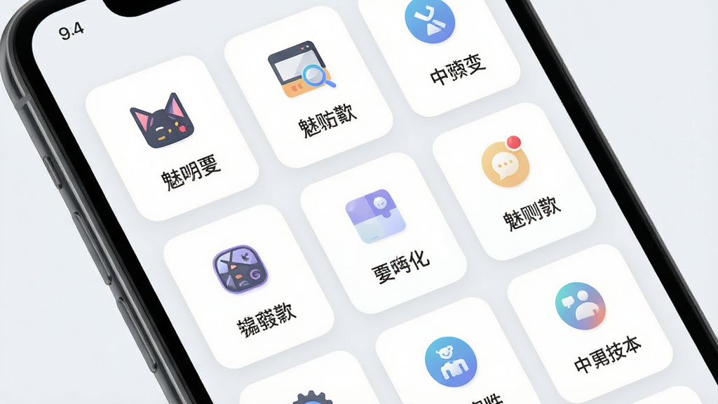 一张魅忑软件功能模块展示图,画面为手机屏幕特写,屏幕中排列着魅忑的多个功能卡片图标,每个卡片配有简洁图形与文字标签,整体采用浅色背景与圆角卡片设计,布局整齐,风格现代简约,画质清晰干净,无杂乱元素
