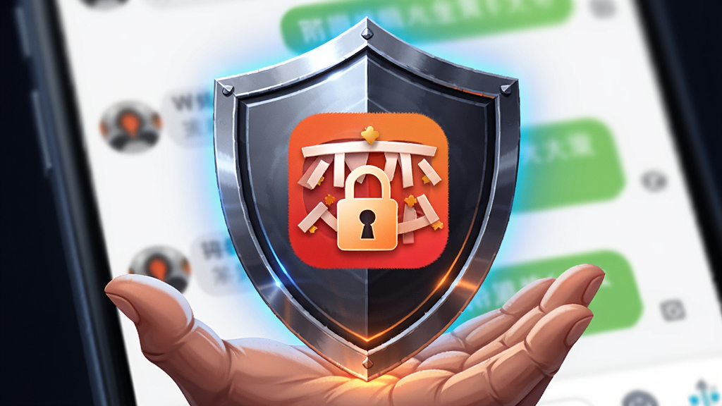画面主体为一只手掌托起发光盾牌,盾牌表面浮现红橘之恋应用图标与锁形符号,盾牌后方为模糊的手机聊天界面,布局为盾牌居中、手掌从下方托举,风格为安全防护概念插画风,细节包含蓝色与橘色光效、细腻金属质感,画质清晰干净,无多余元素