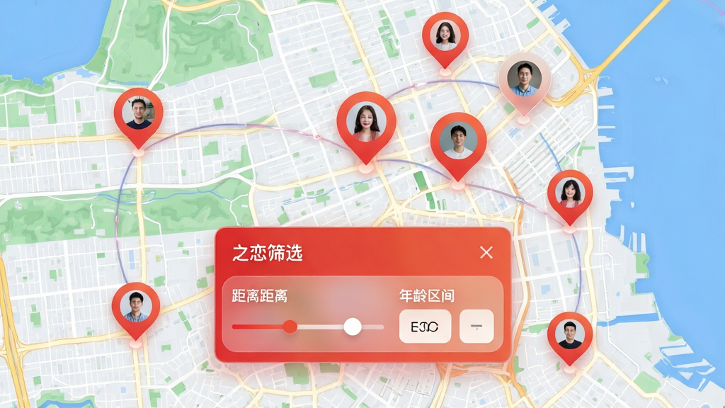 画面展示一张城市地图俯视图,地图上分布多个红橘色定位气泡,气泡内嵌用户头像缩略图,地图中央悬浮红橘之恋筛选面板,面板包含距离滑杆与年龄区间选项,布局为地图铺满背景、面板居中偏下,风格为科技感数据可视化风,细节包含半透明毛玻璃效果与连接线,画质清晰干净,无多余元素