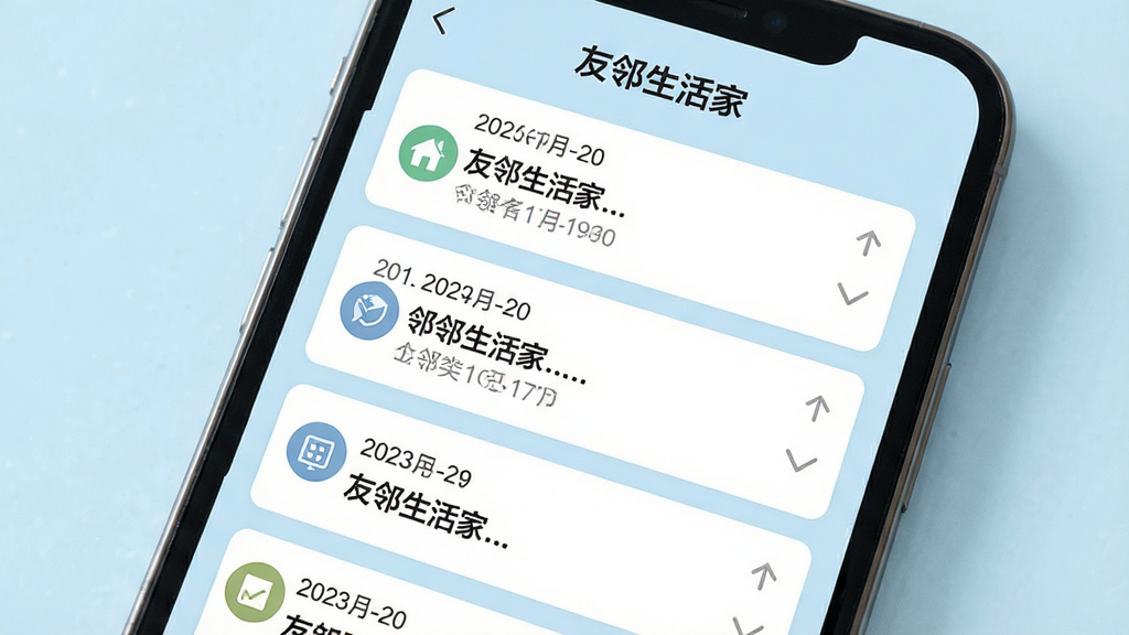 一张社区公告展示场景图,画面为手机屏幕特写,屏幕内呈现友邻生活家的公告列表页面,多条通知卡片整齐排列,配有日期标签与分类图标,背景为柔和的浅蓝色,风格清新简洁,细节清晰,画质干净高清