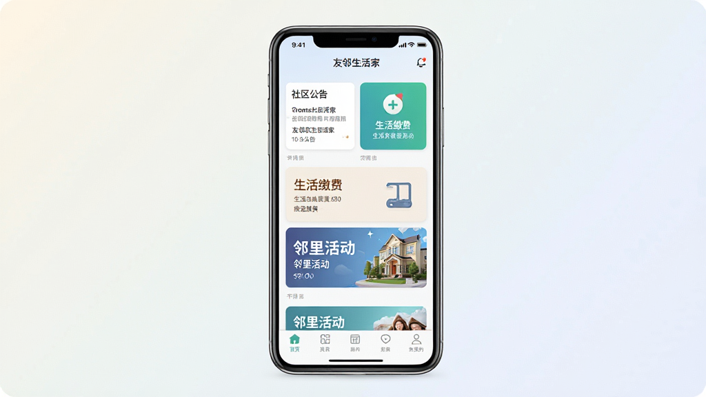 一张手机应用界面展示图,画面中央是一部竖屏智能手机,屏幕上显示友邻生活家APP首页,包含社区公告卡片、生活缴费入口、邻里活动横幅与底部导航栏,整体布局干净整齐,背景为浅色渐变,风格现代简约,细节清晰,画质高清,画面干净无多余元素