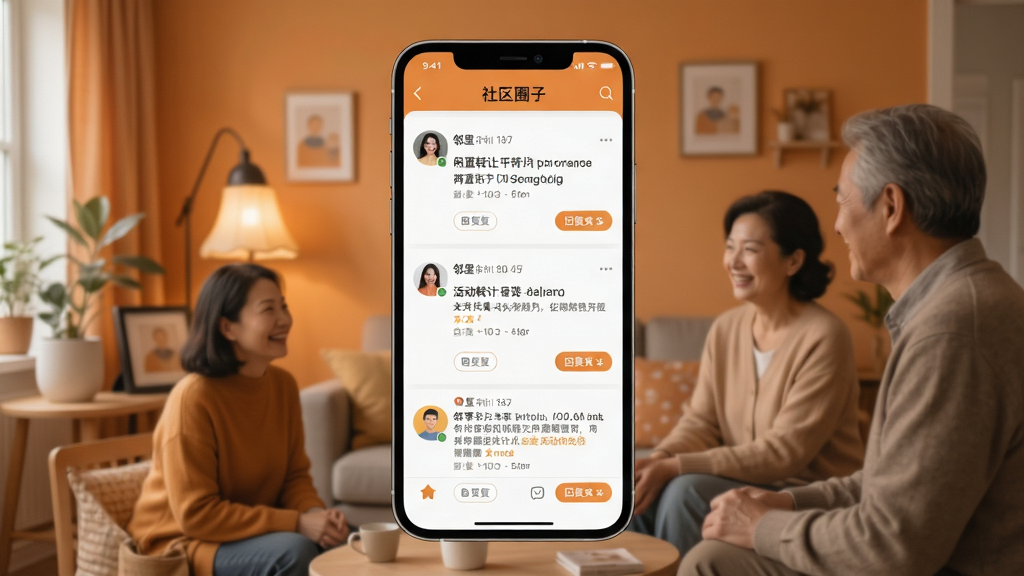 一张邻里互动场景图,画面展示友邻生活家社区圈子页面,手机屏幕内可见多条邻里帖子,包含闲置转让与活动召集内容,配有头像与回复按钮,背景为温暖的橙灰色调,风格亲切自然,排版整齐,画质清晰干净