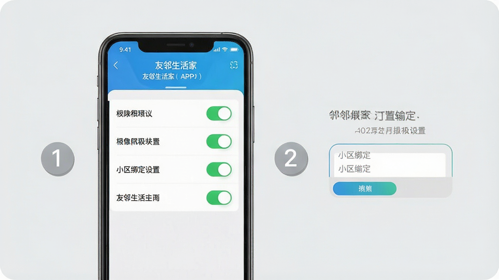 一张手机操作指引场景图,画面展示友邻生活家APP安装与权限设置界面,手机屏幕内可见权限开关列表与小区绑定输入框,旁边配有简洁的步骤编号图标,背景为浅灰色,风格干净利落,排版清晰,画质高清无多余元素