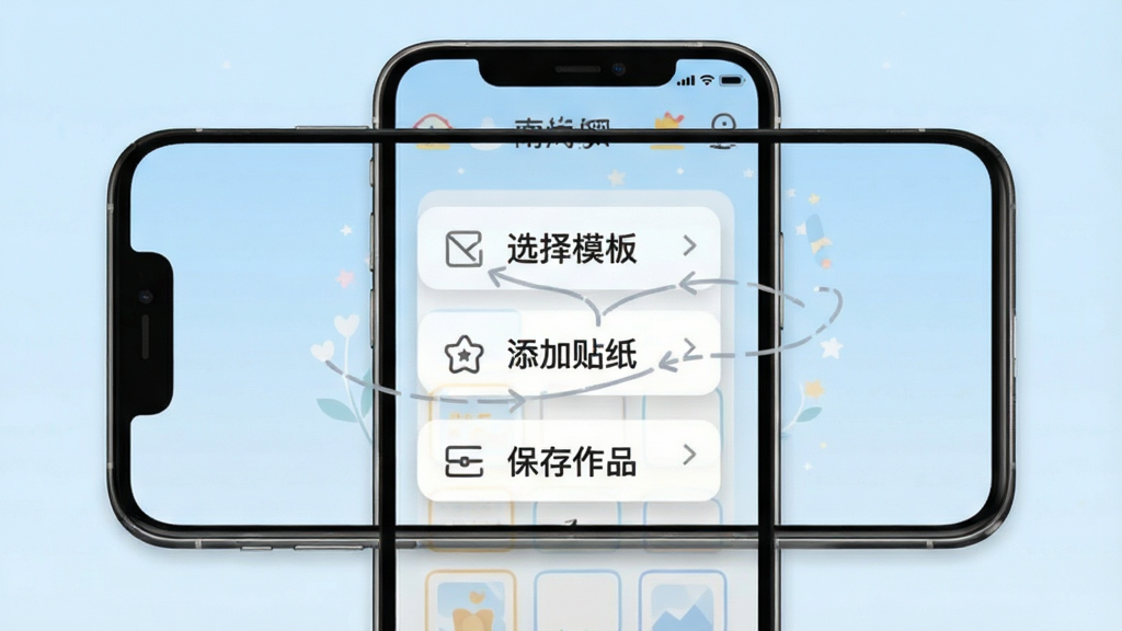 南风手账新手操作引导界面示意图,手机屏幕中显示分步操作提示浮层,标注“选择模板”“添加贴纸”“保存作品”等步骤,界面风格简洁友好,背景为柔和的浅蓝色渐变,布局清晰,画质干净,无多余元素