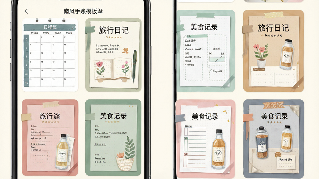 南风手账模板选择界面效果图,手机屏幕中展示多个手账模板缩略图,包括日程表、旅行日记、美食记录等不同主题,每个模板配色各异、排版精美,界面布局为两列网格排列,背景为淡雅的米白色,整体风格清爽素雅,画质细腻干净,无多余元素