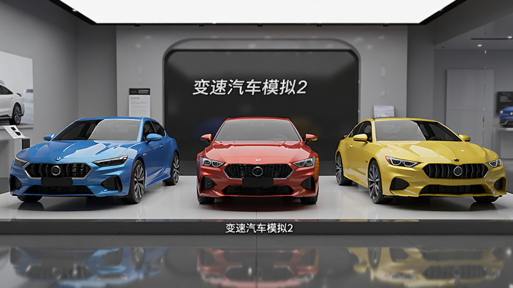 画面主体为三辆不同颜色的汽车并排停放在展示台上,背景为简洁的汽车展厅环境,布局为居中对称构图,风格干净现代,细节包含车身漆面反光、轮毂造型、地面倒影,画质清晰,画面中打文字“变速汽车模拟2”