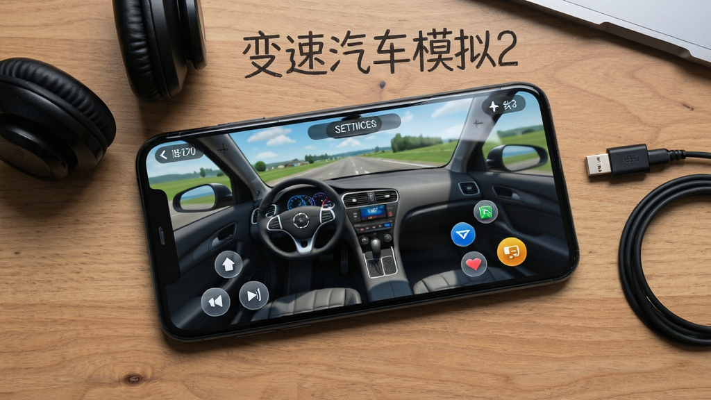 画面主体为一部智能手机放置在桌面上,屏幕显示驾驶游戏设置界面与虚拟按键布局,旁边摆放耳机与充电线,布局为俯视桌面构图,风格生活化写实,细节包含屏幕反光、桌面木纹、按键图标,画质清晰干净,图片中打文字“变速汽车模拟2”