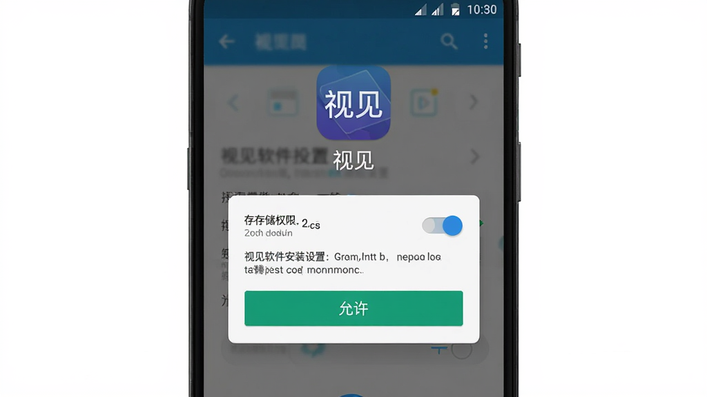 视见软件安装设置示意图,主体为手机屏幕显示权限授权弹窗,布局为居中构图,排版上方是「视见」应用图标与名称,风格为简洁的安卓系统界面风,细节包括存储权限开关、允许按钮、清晰的文字说明,画质高清,画面干净,无多余元素