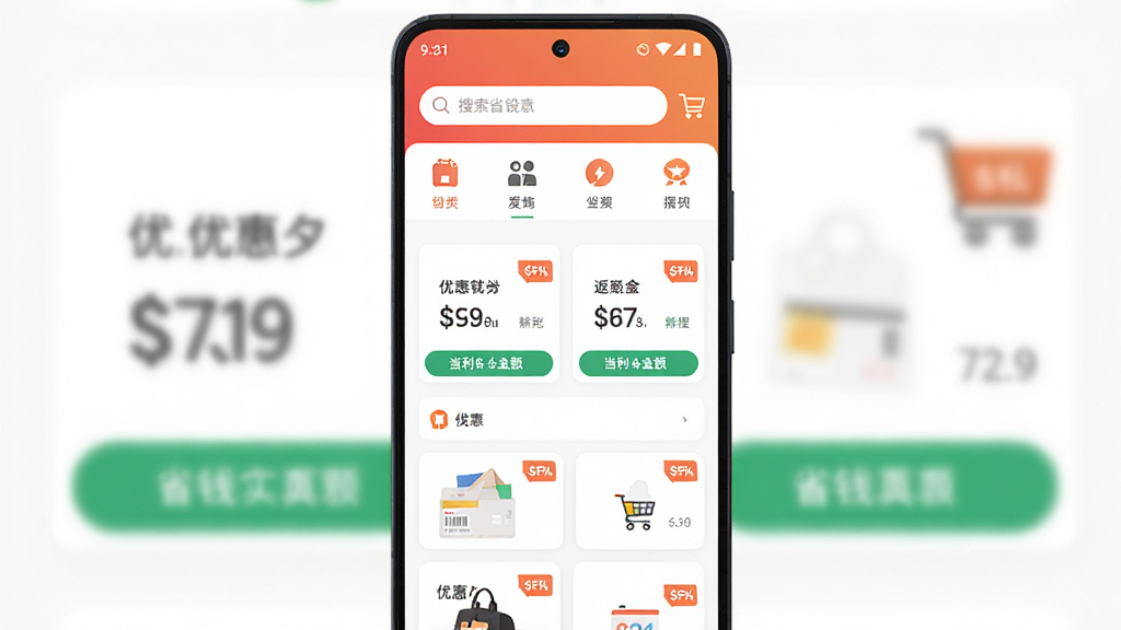 主体为一部竖屏安卓手机,屏幕中央显示购物省钱夕应用首页界面,上方为搜索框与分类图标,中部为优惠券卡片与返利金额标签,布局为居中对称构图,风格为清爽扁平化UI展示风,细节包含购物车图标、折扣标签、价格数字与绿色省钱提示条,画质清晰干净无多余元素