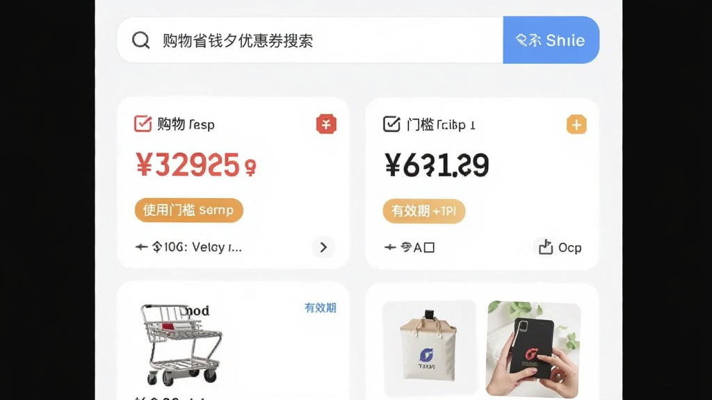 主体为购物省钱夕优惠券搜索界面,布局为上方搜索栏加下方券列表卡片纵向排列,风格为明亮电商风,细节包含券面金额、使用门槛、有效期标签与商品缩略图,画质清晰干净无多余元素