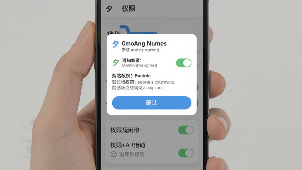 主体为购物省钱夕安装与权限设置引导页面,布局为手机屏幕中央弹窗加下方权限开关列表,风格为清新指引风,细节包含通知权限开关、剪贴板权限说明与确认按钮,画质清晰干净无多余元素