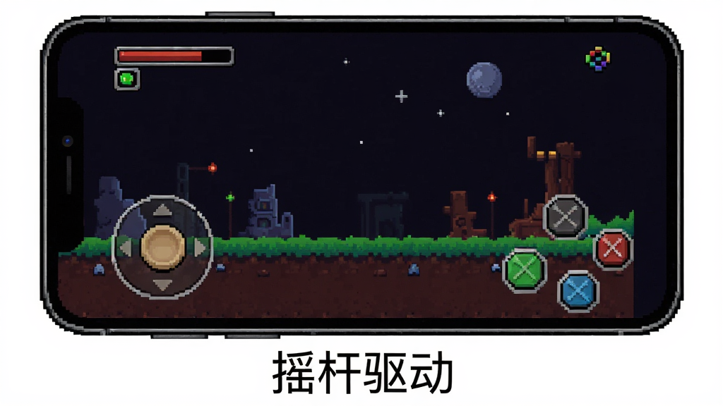 一张手机游戏画面截图示意图,画面中虚拟摇杆位于左下角、按键位于右下角,游戏画面为复古像素风格,手机横屏握持,背景为深色,整体布局清晰,细节干净,图片下方用文字标注“摇杆驱动”