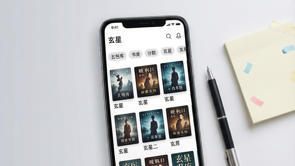 一张展示手机应用书库分类页面的场景图,画面主体为竖屏手机,屏幕内呈现