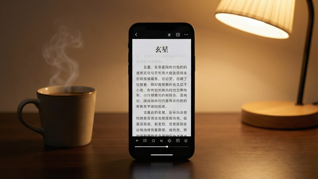 一张表现沉浸式阅读体验的场景图,画面中央为竖屏手机,屏幕显示