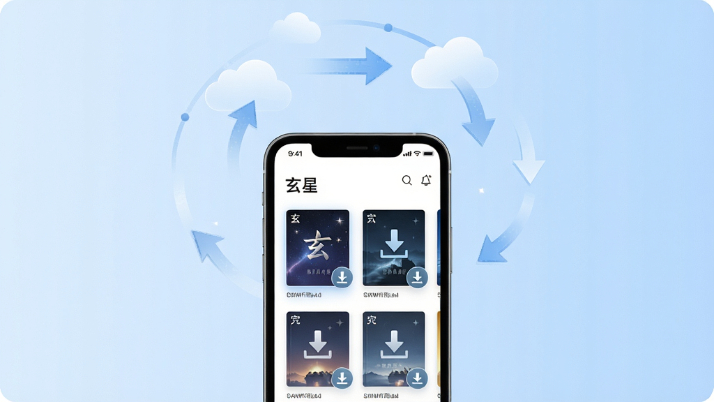 一张表现离线缓存与进度同步概念的场景图,画面中央为竖屏手机,屏幕内显示
